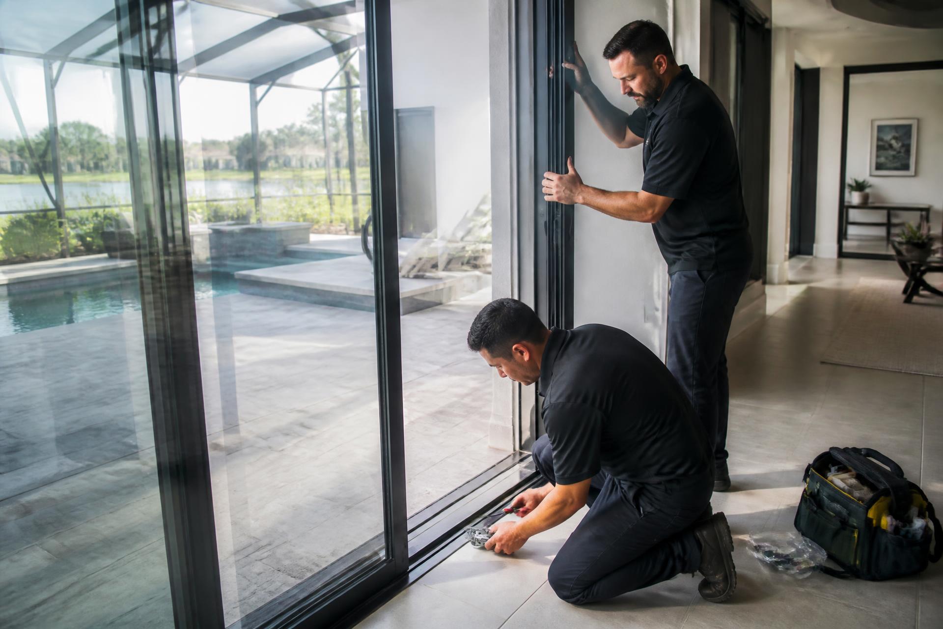 Two Viper Sliding Door technicians repairing a large sliding glass patio door at a Tampa home